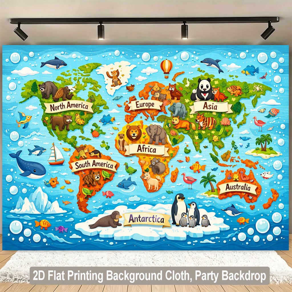 Kids Education Nursery - Leuke wereldkaart met dierenmotieven, educatief wanddecor