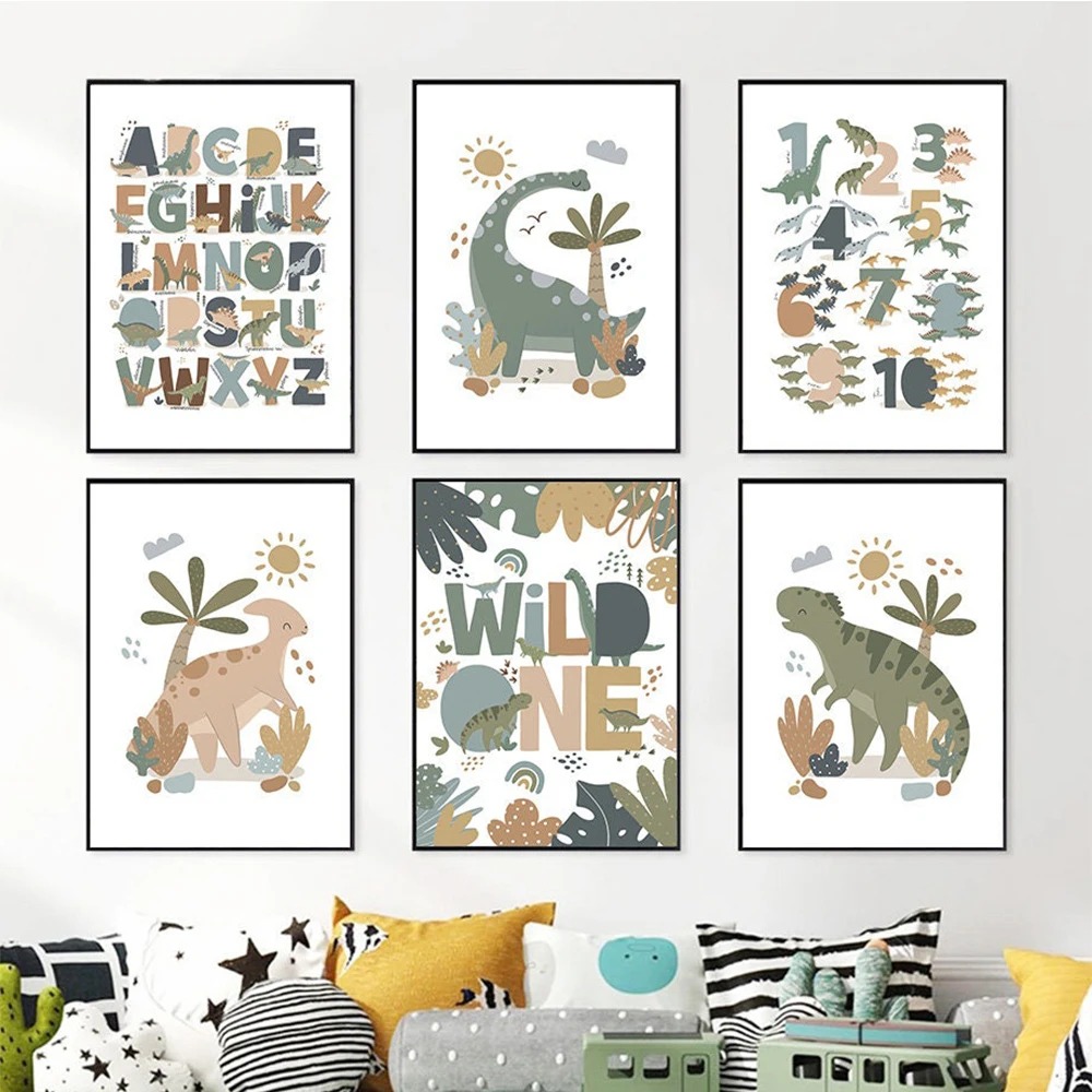 Kids Education Nursery - Noordse Schattige Baby Dinosaurus Wandkunst Canvas