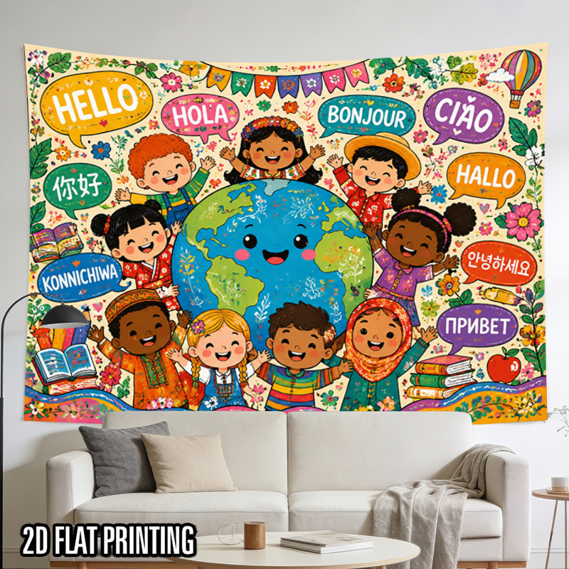 Kids Education Nursery - Internationale taalgroeten, wereldkaart, wandtapijt, wereldwijde cultuur,